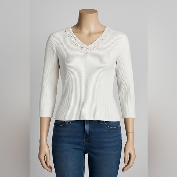 Lauren Ralph Lauren White Ribbed Knit Sweater Top - Send Me An Offer! - Picture 1 of 6
